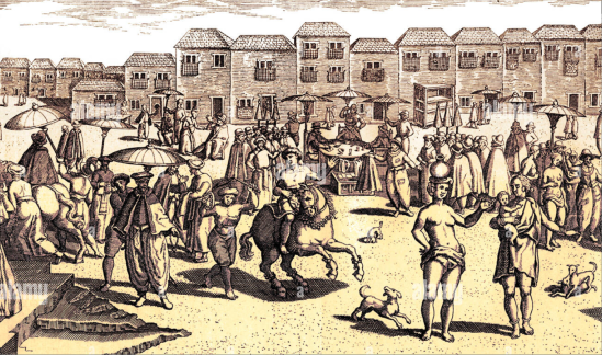 Goa, India, market scene 16th century. During the Portuguese colonisation. Engraving from 'Navigation in Orientem', 1599. Tinted version. 