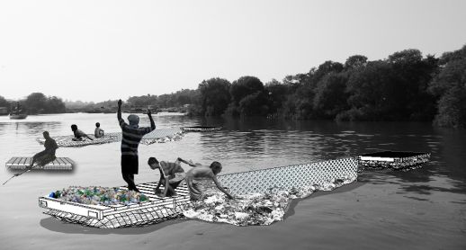 Plastic filters in the creek: floating pods attached with locally made nets act as plastic filters allow easy collection points of plastic waste