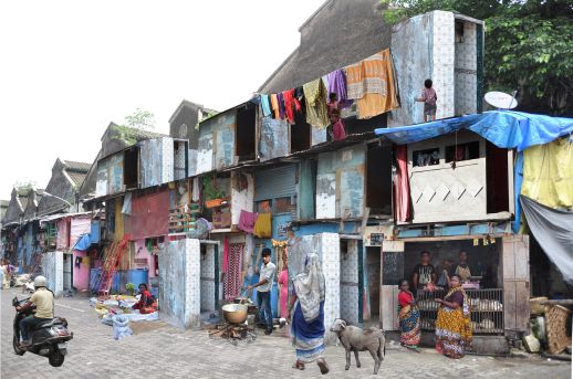 Montage of incremental development of pavement dwellings with individual toilets and use of the roof