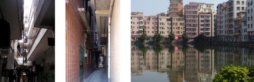 The dark side of urban villages: handshake buildings in Shipai Cun (2006) and Xinxi Cun (2013, International Urban Design Workshop organized by SCUT and UC Berkeley); skyline in Xiasha Cun (2013)