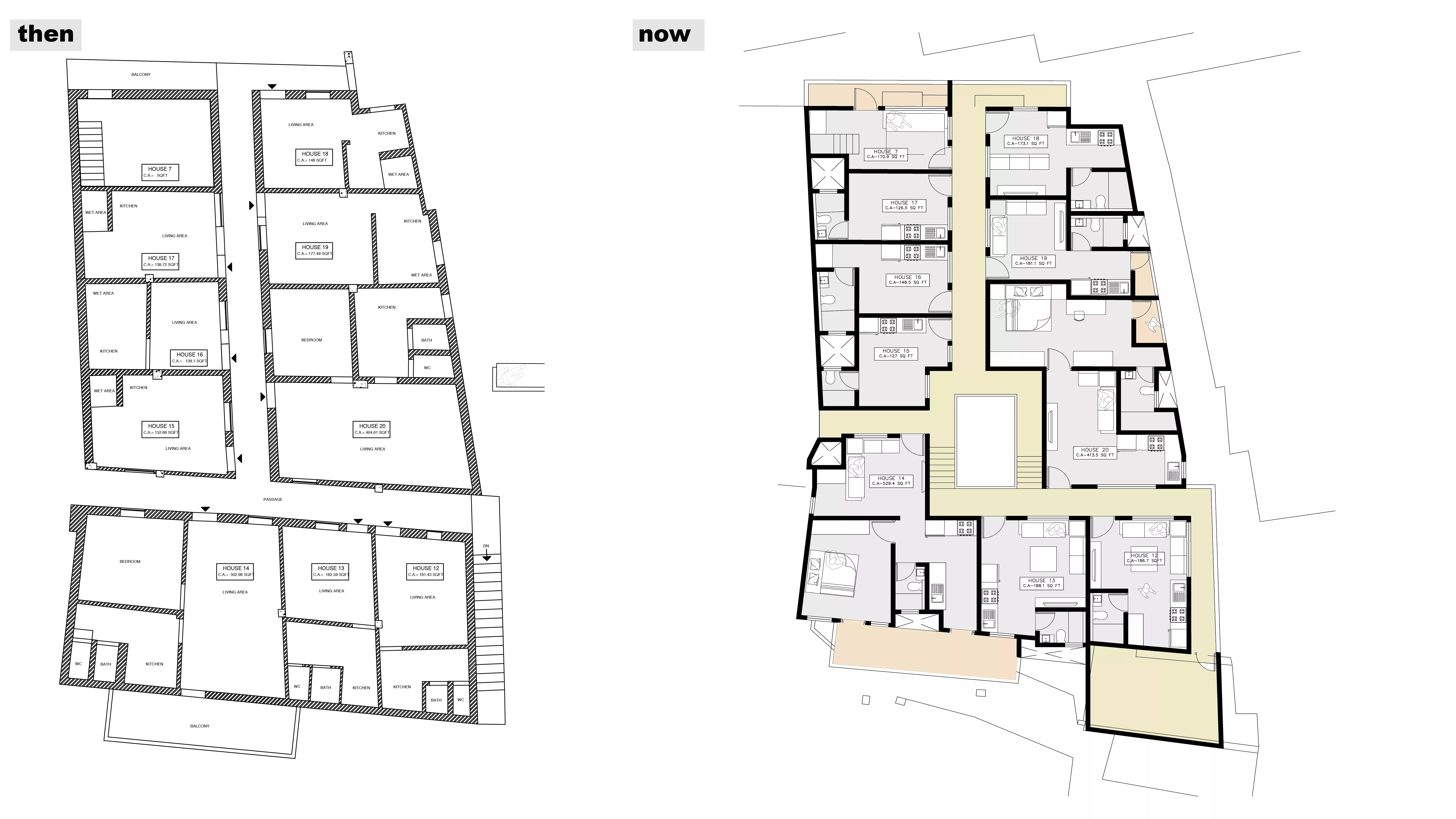 Original plan of the chawl(left) new plan of the chawl(right) that occupies the residents in the same spot