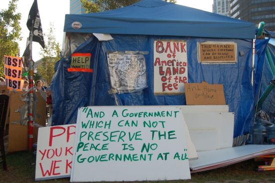 Self-constructed shelter at the Occupy Boston Protests in 2011. Source: gregcookland.com.