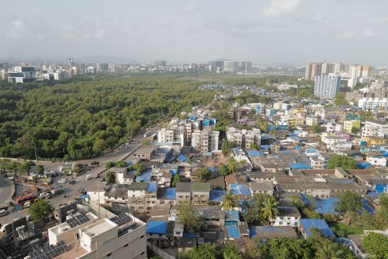 Koliwada on the right, Mangrove cover in around the ponds on the left