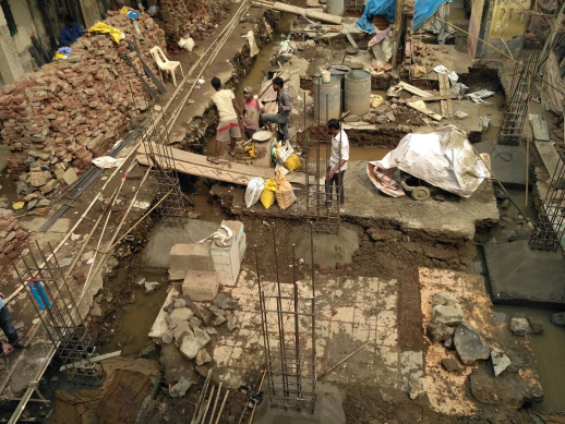 Construction of columns and their respective foundations being laid on site