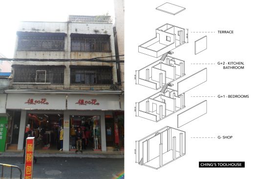 Ching's house: This tool-house built about 30 years ago combines residential and  income-generating functions. The shop is a little over 30 m2. Above are two and a half  floors with a terrace for residential purposes that cover a little less than 80 m2.