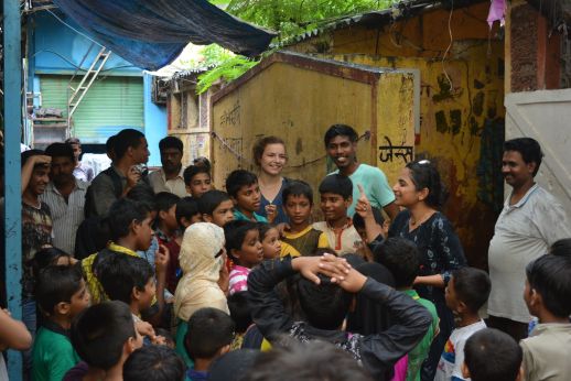 Perrine Cariou, Larson A. Vaiti and Samidha Patil organizing a treasure hunt with the kids at Bareilly Compound.