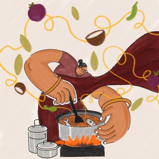 Hand-drawn illustration of Mary Maushi stirring fish curry, with exaggerated oversized hands, a tiny head, steel dabbas and floating food elements.